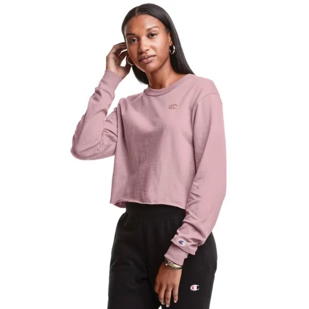 NEW Champion Long Sleeve Boyfriend Cropped Tee Pink Beige Juniors XS